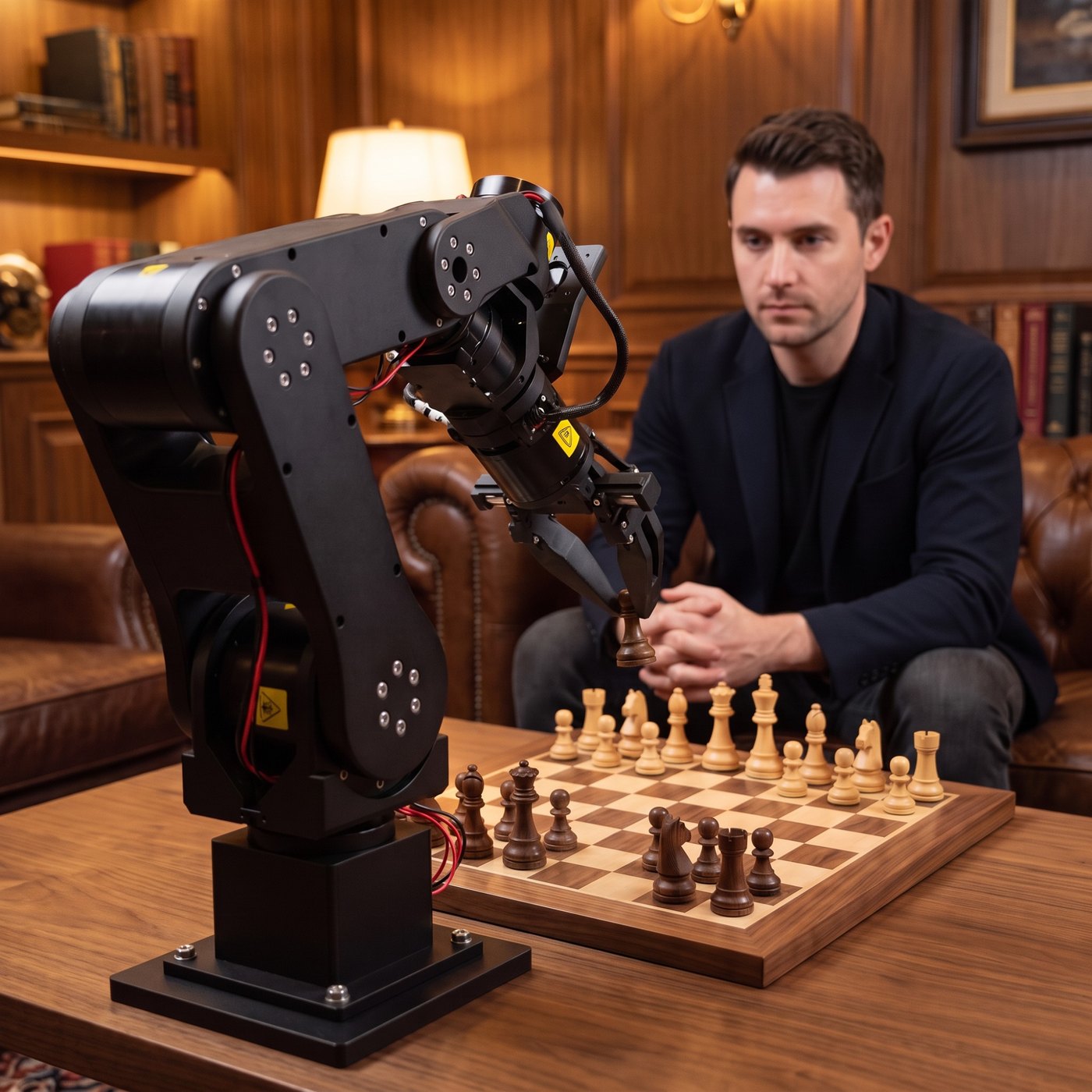 Chess kit: the Maker Arm playing chess in a living room