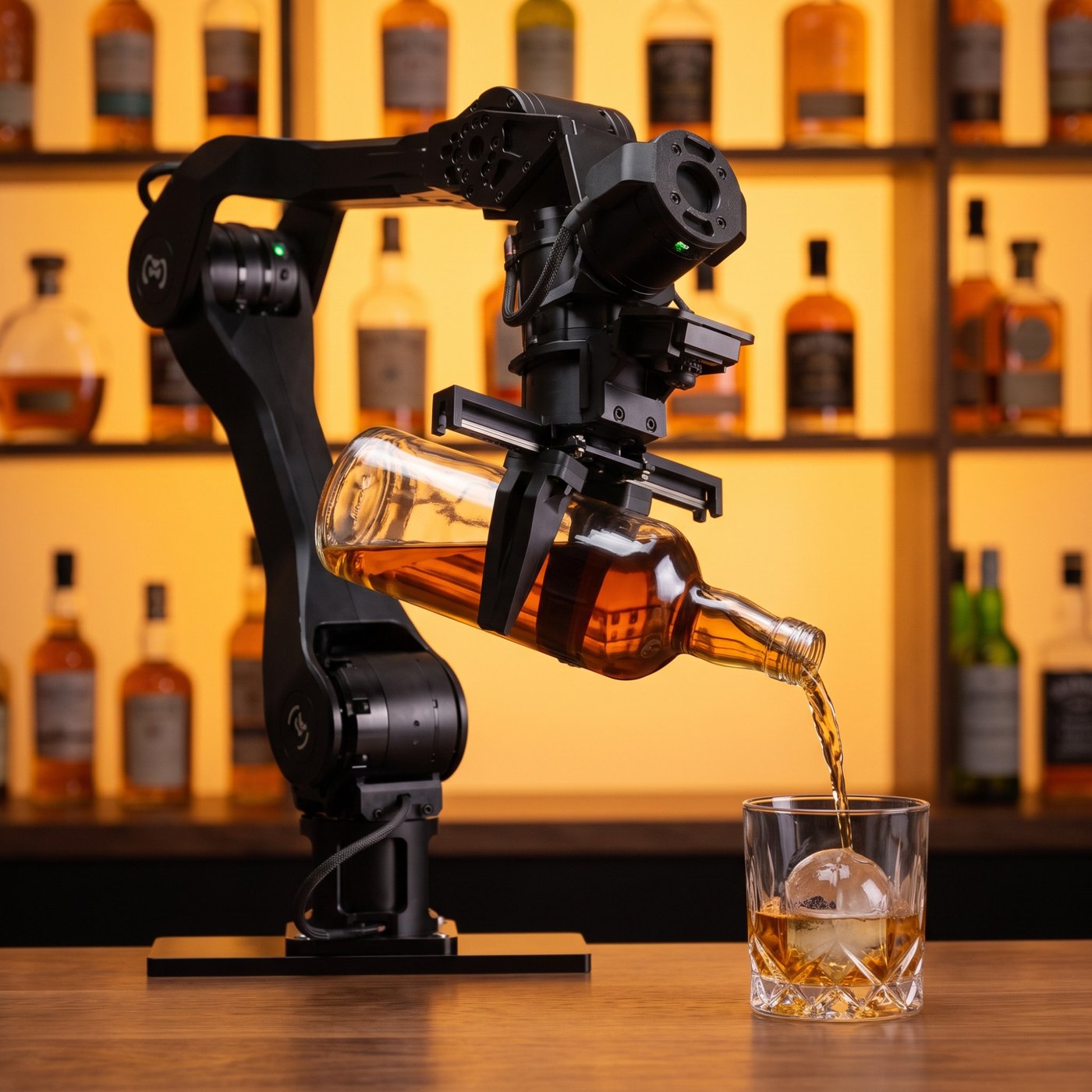 Bartender kit: the Metal Arm pouring whisky over an ice sphere