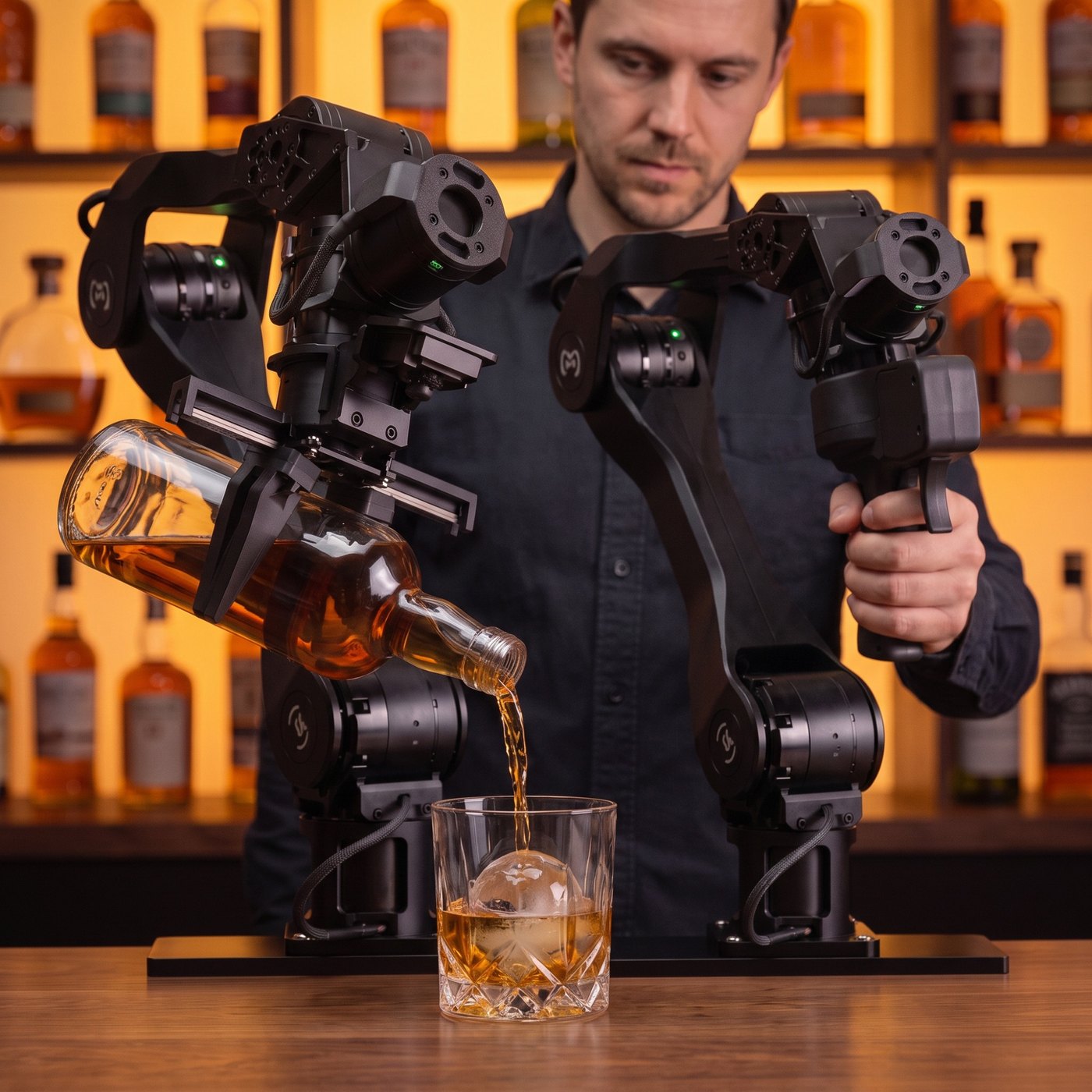 Bartender kit: move the leader arm by its handle and the Metal Arm copies you and pours