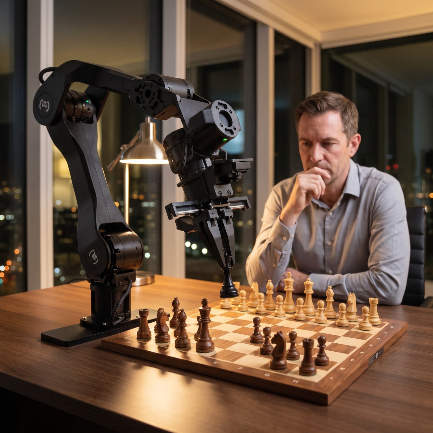 Chess kit: the Metal Arm playing chess in a study at night